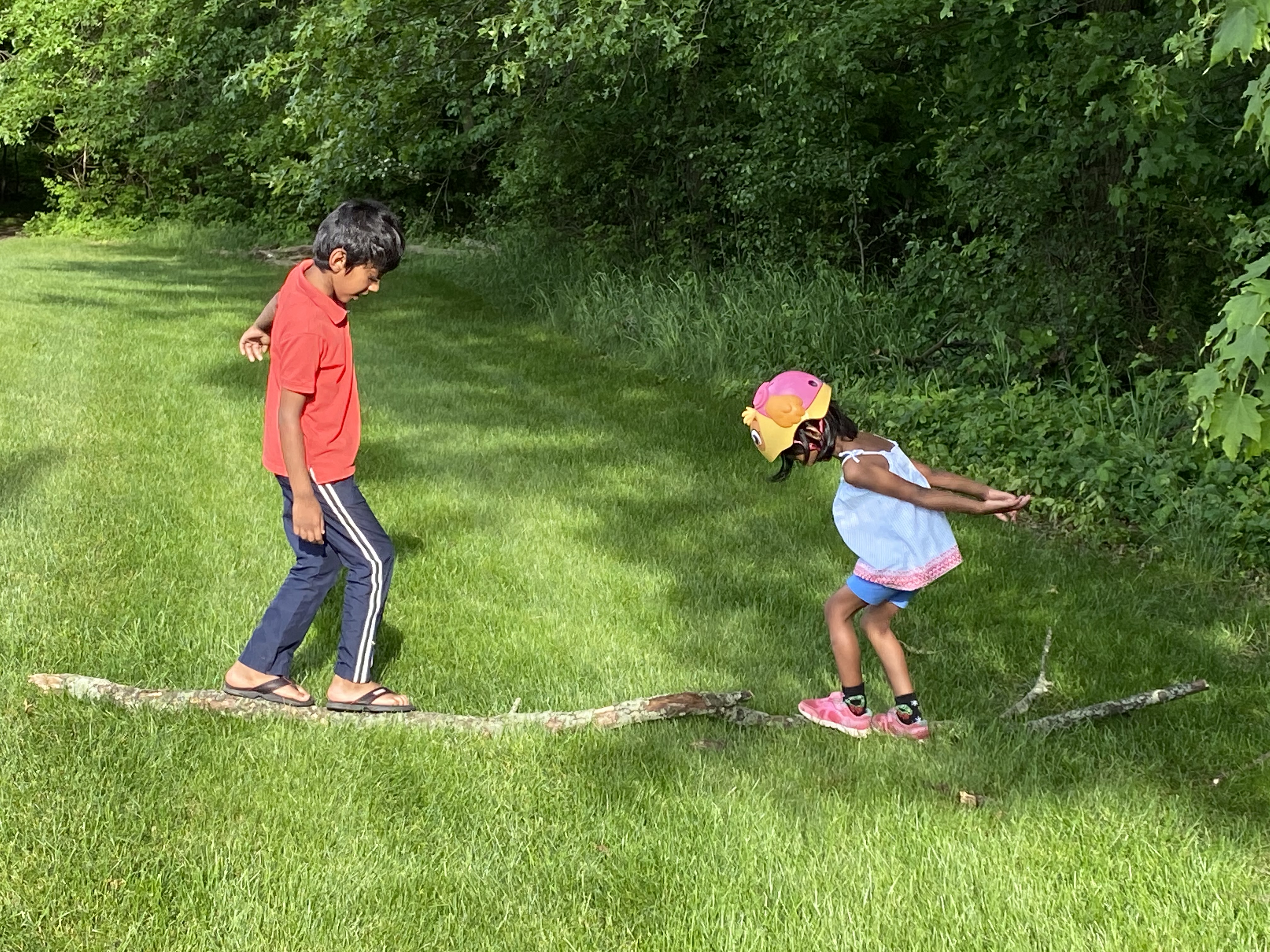 two children balancing on tree branch on the ground 